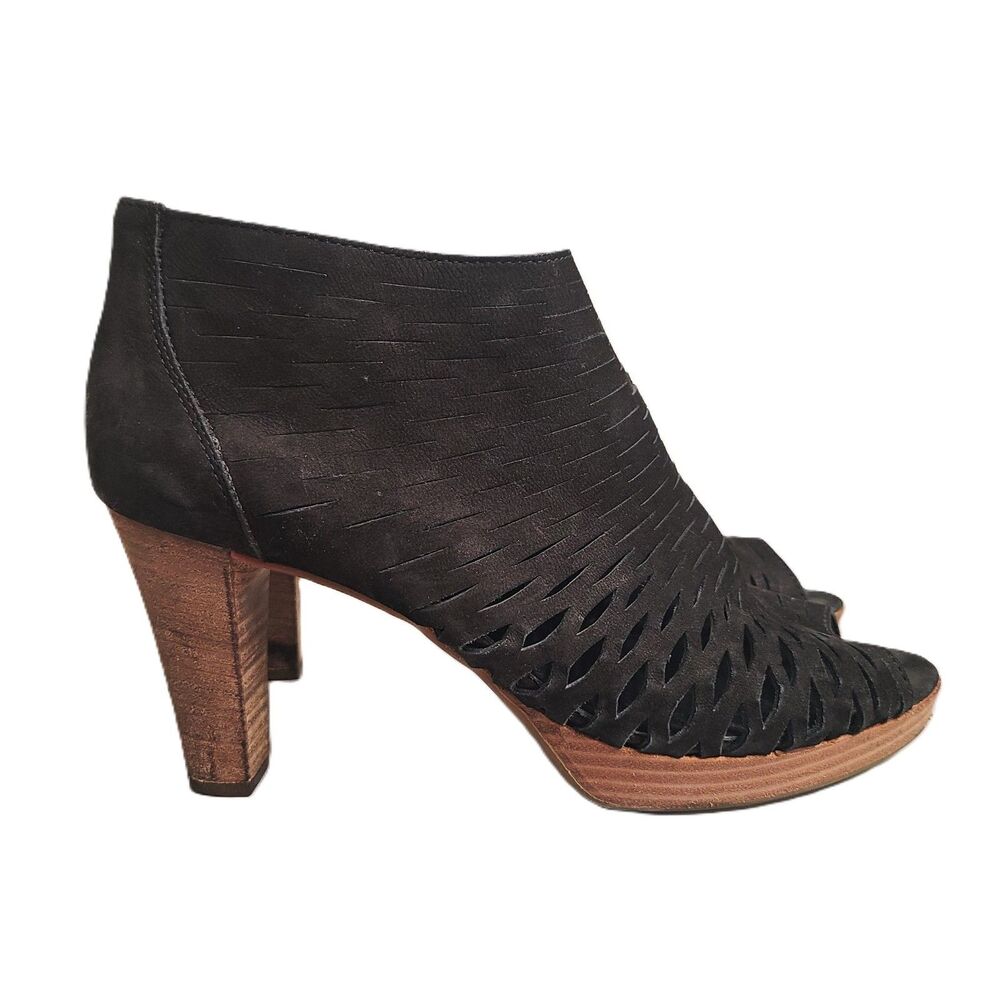 Paul Green US 9 UK 6.5 Black‎ Laser Cut Bootie Ankle Boots High Heels Suede